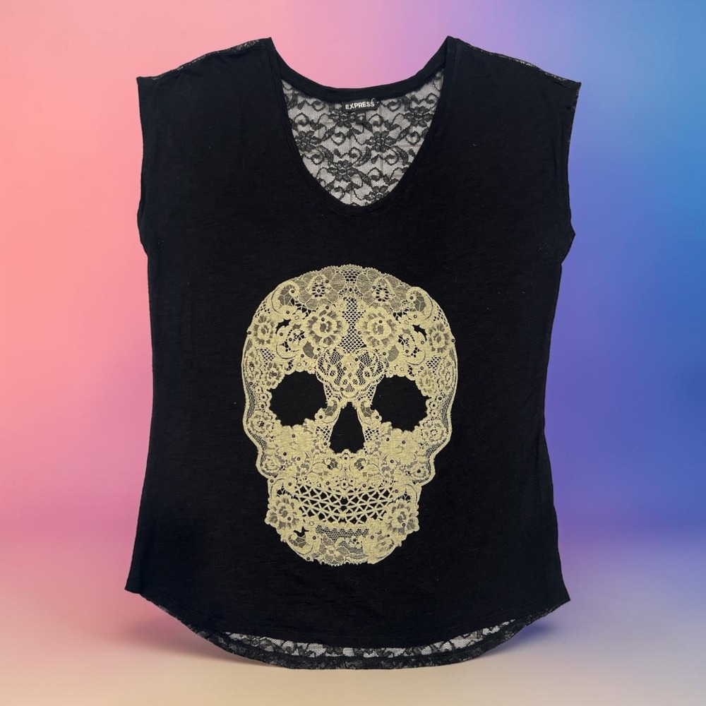 Edgy Goth Grunge Black Lace Skull Graphic Tee M Indie Sleaze Studded Gem Rocker‎